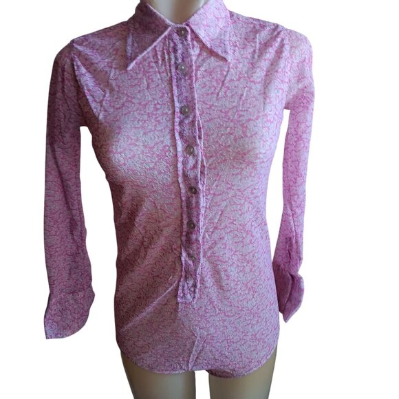 Small Vintage 1960's Pink Top True Mod Bodysuit Long Sleeve Lace Sheer Blouse - Picture 2 of 9